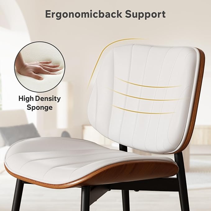 Dining Chairs Set of 2, Mid Century Modern Dining Room Chair, Upholstered Faux Leather Kitchen Chairs with Walnut Bentwood Back and Metal Legs for Kitchen Dining Room Living Room, White