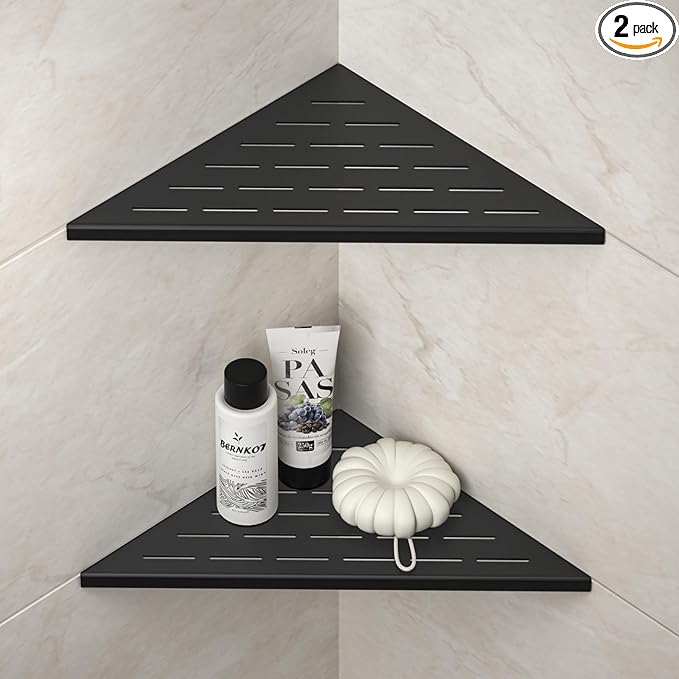 Corner Shower Shelf, 12" Matte Black 304 Stainless Steel Slot Design Recessed Corner Shelves 2 Pack Bathroom Grout in Shelf for Tiled Wall, Large Size
