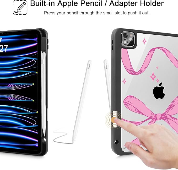 Tuiklol for iPad Pro 11 Inch 4th / 3rd / 2nd / 1st Gen (2022 2021 2020 2018) Case -Built-in Pencil Holder Shockproof Cover Clear Transparent Back Shell with Auto Wake/Sleep Black Flower