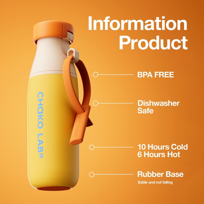 CHAKO LAB Insulated Stainless Steel Water Bottle with Two Strap | BPA-Free Leak Proof | 17oz Bottle with Spout Lid & Straw | Orange Marmalade