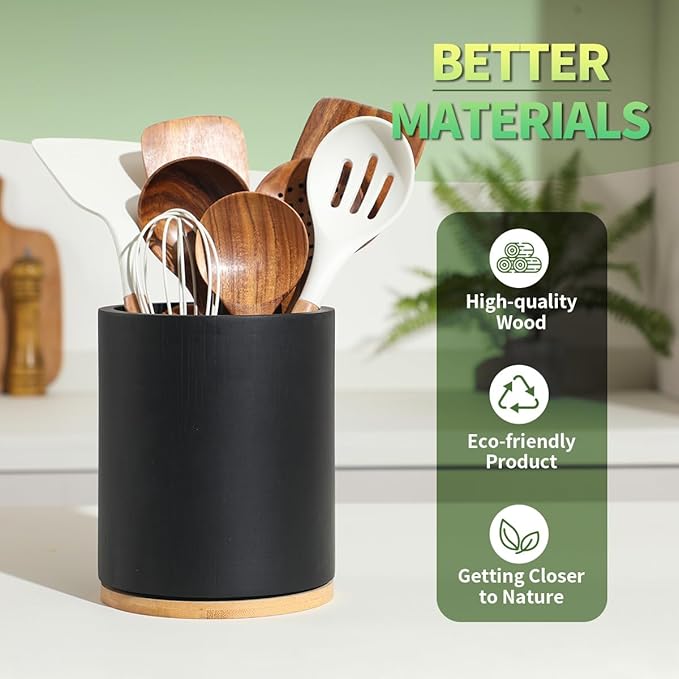 Wooden Utensil Holder, 360°Rotating 7.3'' Large Utensil Holder for Kitchen Counter, Kitchen Utensil Organizer, Utensil Crock, Farmhouse Kitchens Countertop Decor, Black Color