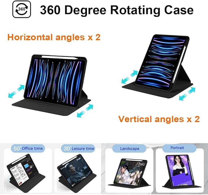 iPad Pro 11 Case 4th/3rd/2nd/1st Gen Balck | 360° Rotating Pencil Holder Compatible with 2022/2021/2020/2018 Clear Acrylic Back Auto Sleep/Wake