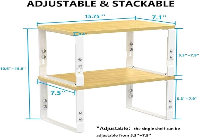 Wobmmi Kitchen Cabinet Organization Shelf，Set of 2 Height Adjustable Storage Racks，Stackable，Expandable，Countertop Shelves Organizer，Pantry Shelving(1PACK/Large/White)