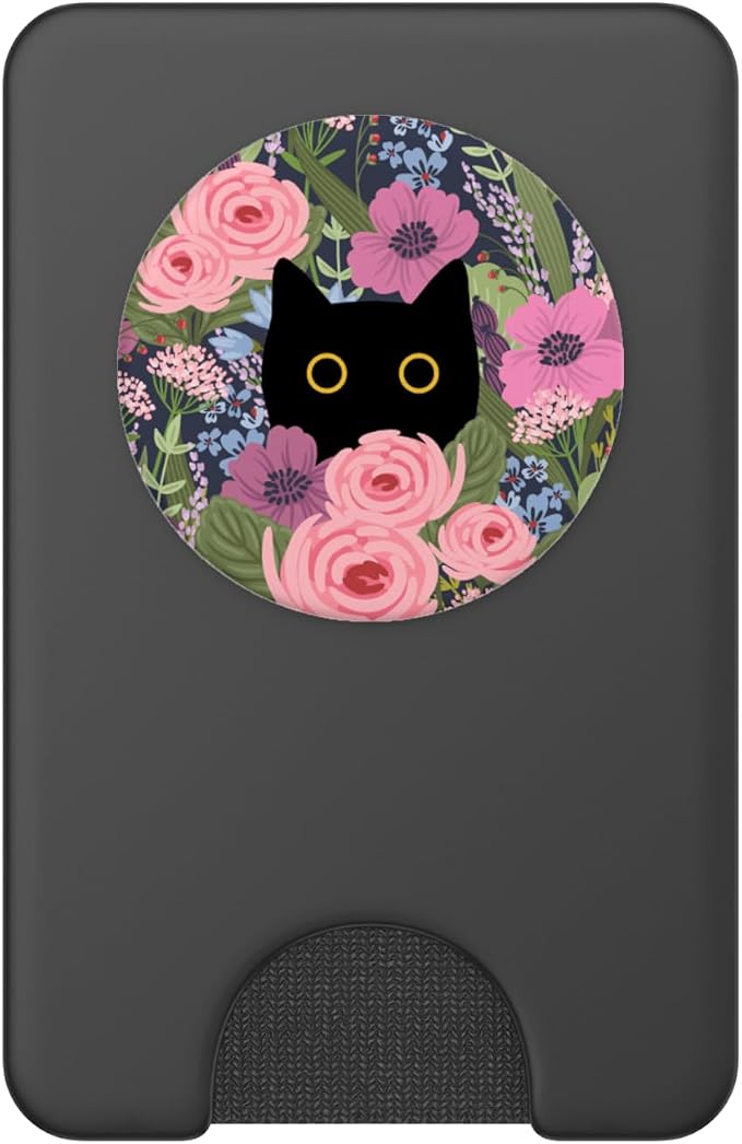 Black Cat Hiding in Garden Flowers Cute Floral Pattern PopSockets Adhesive PopGrip