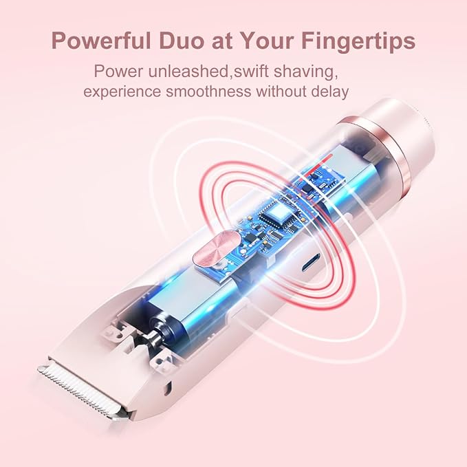 Bikini Trimmer for Women 2 in 1 Dual Head - IPX7 Waterproof Painless Electric Razors for Beauty, Pubic Hair, Face, Legs & Underarms– Portable Cordless Shaver with Fast Charging, Easy Cleaning (Pink)