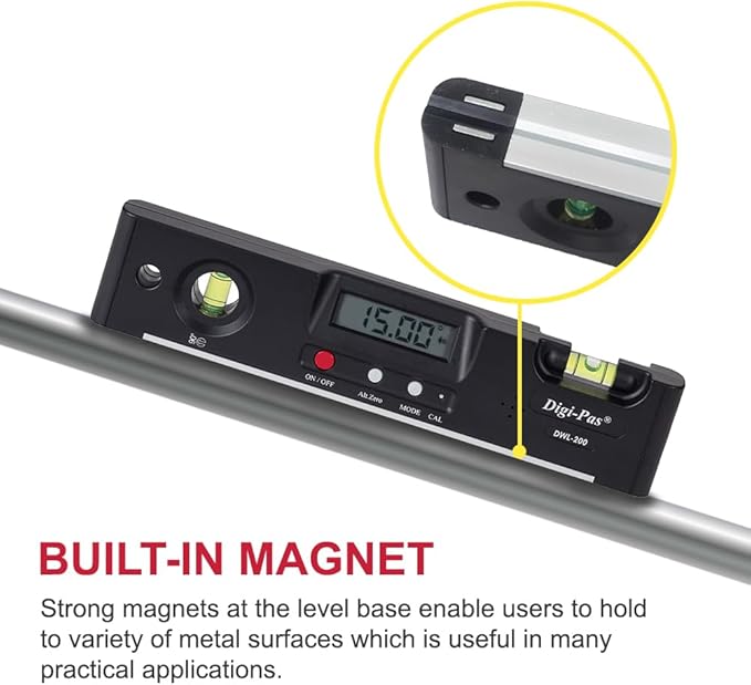 Digi-Pas DWL200 Electronic Torpedo Level, Protractor, Angle Gauge, Angle Finder, Bevel Gauge, Magnet, 0.1°, 7 inch