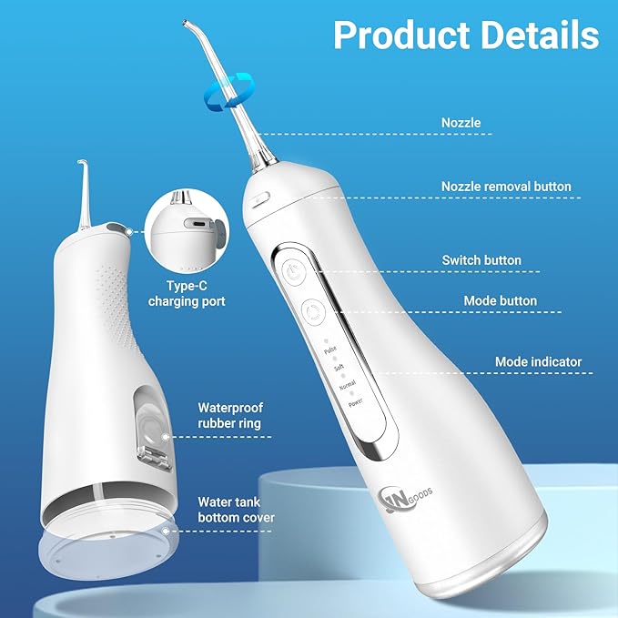 JNGOODS Cordless Water Dental Flosser Oral irrigator,JNGOODS 300ml Rechargeable Water flosser for Teeth IPX7 Waterproof 4 Modes Portable Oral Irrigator with 4 Jet Tips, Travel Home use (White)