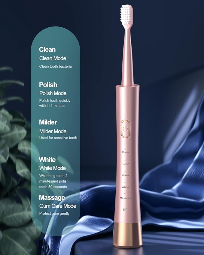 AJELU Sonic Electric Toothbrush for Adults, USB Rechargeable Sonic Toothbrush with 8 Brush Heads, Smart Timer, 5 Modes, 2-Hour Fast Charge Last 30 Days, Pink