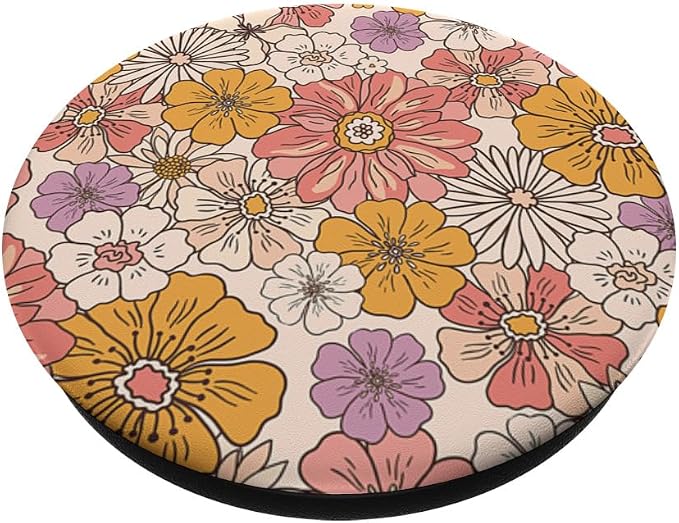 Retro Flowers Meadow Floral Groovy 70s Peach Orange Pink PopSockets Adhesive PopGrip