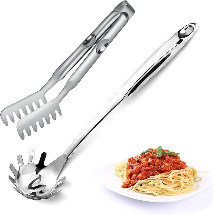 Pleafind Spaghetti Spoon and Spaghetti Tong 2-Piece Set, 13-Inch Non-Stick Spaghetti Fork and 11.4-Inch Kitchen Tong, Easy Storage and Cleanup, Ergonomic Design, Stainless Steel