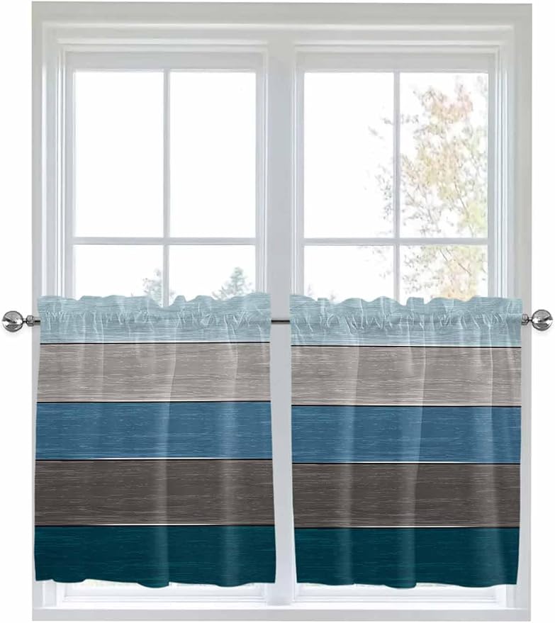Retro Farm Blue Gray Wood Grain Window Valance Curtains, Rustic Wooden Plank