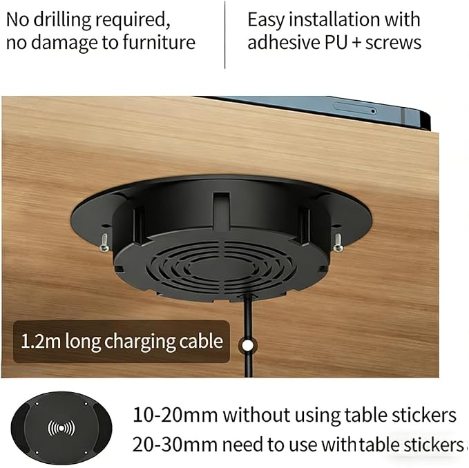 Invisible Wireless Charger Under Desk 0-30mm Invisible Phone Charger 10W Hidden Wireless Charger Magnetic Charger for Desk Table Nightstand Office Home