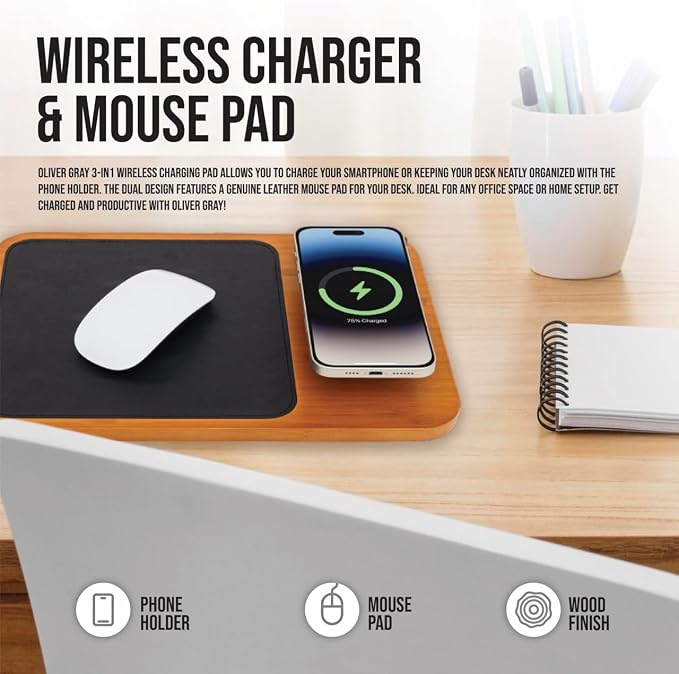 Oliver Gray Mousepad with Wireless Charger - 3-in-1 Wooden Wireless Charging Station &amp Phone Holder Premium Vegan Leather Desk Charger Mat for iPhone Android