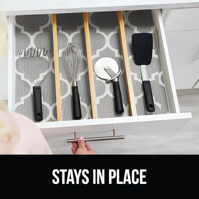 GORILLA GRIP powerGRIP Drawer Shelf and Cabinet Liner, Thick Strong Hold, Non-Adhesive Liners Protect Kitchen Cabinets and Cupboard, Bathroom Drawers, Easy Install, Breathable Mat, 17.5" x20', Gray