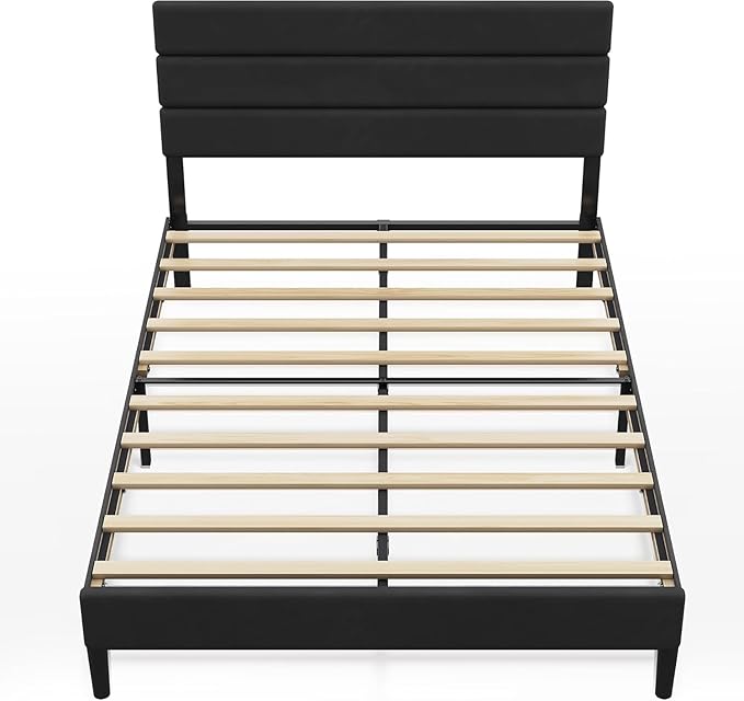 WLIVE Full Size Upholstered Bed Frame, Velvet Square Tufted Headboard,Sturdy Metal & Wooden Slats Support, No Box Spring Needed, Black