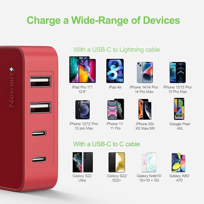 Nekmit USB C Charger Fast Thin Flat 52W 4-Port Wall Charger with Two 20W Power Delivery and 2 USB Port for iPhone 14/14 Pro/14 Pro Max Galaxy Pixel iPad Pro AirPods Pro and More Upgraded