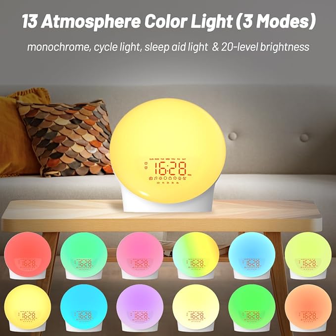 iEasy Wake up Light Sunrise Alarm Clock for Everyone, Sunrise Sunset Simulation, Sleep Aid, Dual Alarms, FM Radio, Snooze, Nightlight13 Colors 23 Sleep Sounds 28 Built-in Alarm Tone 32 Volumes Gift