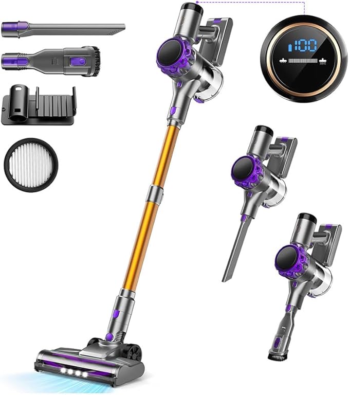 UML0 S3P Cordless Vacuum Cleaner, 45kPa Powerful Suction Vacuum Cleaners for Home, 55-Min Runtime Rechargeable Stick Vacuum, Self-Standing, for Pet Hair Carpet Hard Floor, LED Display