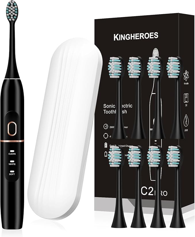 kingheroes Electric Toothbrush Set, Comes with 8 Brush Heads & Travel Case,4 Modes with 2 Minutes Built in Smart Timer, One Charge for 60 Days, 42000 VPM Motor (Black)