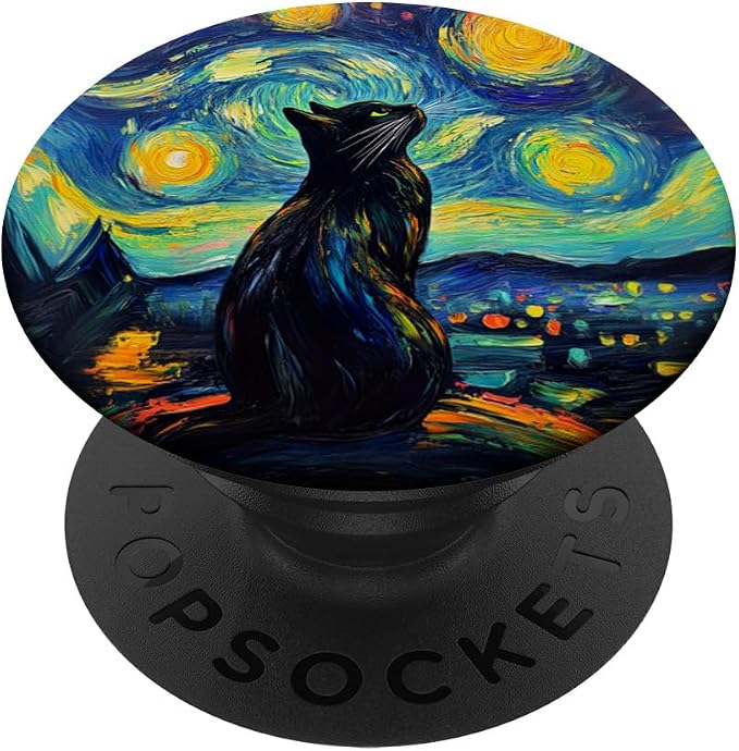 Whimsical Black Cat Under Starry Night for Cat Lover PopSockets PopGrip for MagSafe