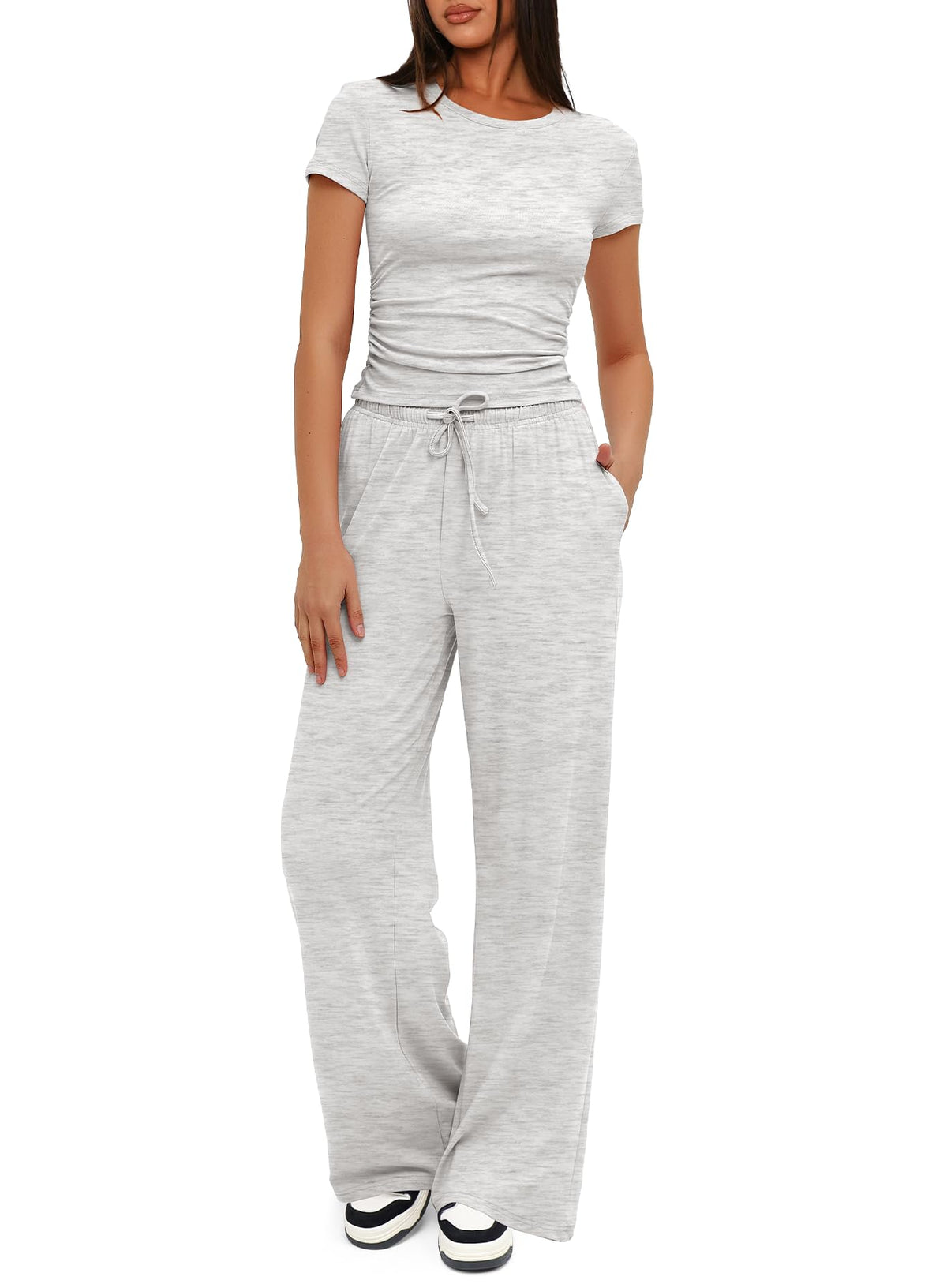 Darong Women's 2 Piece Outfits Short Sleeve Lounge Sets 9042B Light Grey M