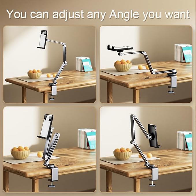 Phone/Tablet Metal Holder Stand Grey CT9 | Heavy Duty Adjustable Foldable Aluminum Universal Lazy Bracket 360° Rotation Flexible Long Arm For 4-13 Inch Devices
