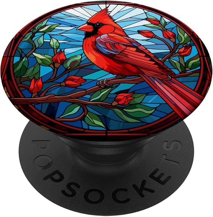 Stained Glass Red Cardinal Bird Christmas Cute Bird Lovers PopSockets Adhesive PopGrip