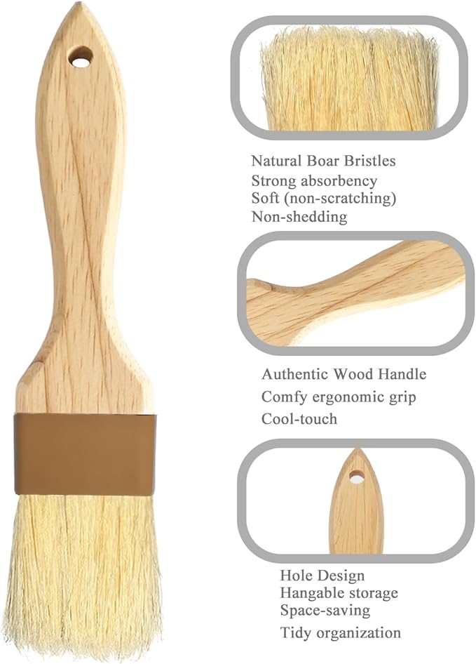 NXRACSH 2" & 1.5" Non-Shedding Natural Boar Bristle Pastry & Basting Brush - Food-Grade, Heat-Resistant Cooking Gadgets for Baking, Grilling, Butter, Egg Wash, Oil, Sauce, Marinade, Roasting,Coffee