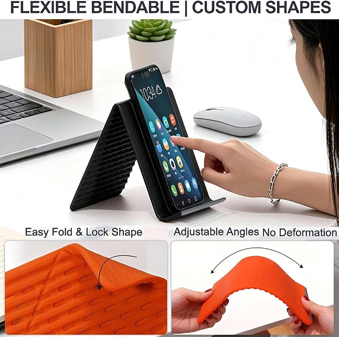 Flexible Silicone Phone Holder Bendable Foldable Stand with Aluminum Adjustable Anti-Slip Multi-Angle Cellphone Holder Portable Rollable Stand for Phone Tablet Laptop 2 Pack Black