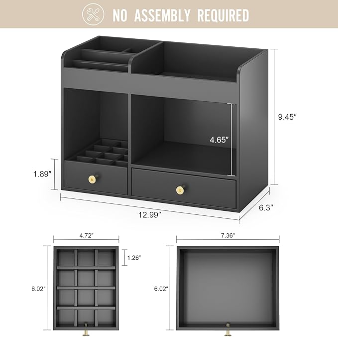 Makeup Organizer with Drawers, Bamboo Countertop Cosmetic Storage for Dresser Vanity Organizer Beauty Desk Skincare Holders Container Make Up Organizing for Lipstick