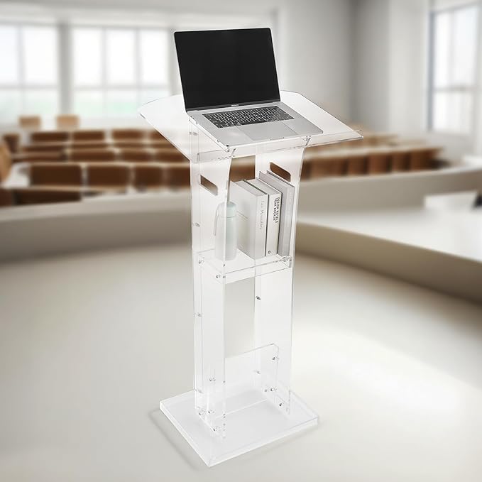 VEVOR Podium Stand, 43-Inch Acrylic Lectern, Portable Laptop Desk with Wide Reading Surface and Storage Shelf, Book Stopper, Floor-Standing, for Classroom, Wedding, Conference, Lecture and Concert