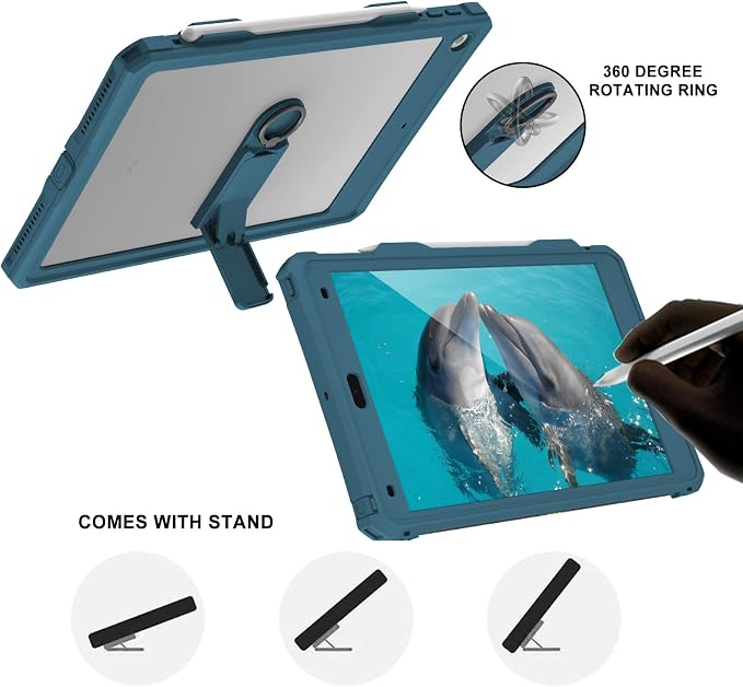 10.2 Waterproof Case Compatible with iPad 9th 8th 7th Generation 2021/2020/2019 Built-in Screen Protector with Strap Stand Pencil Holder Full Body Heavy Duty Protective Shockproof