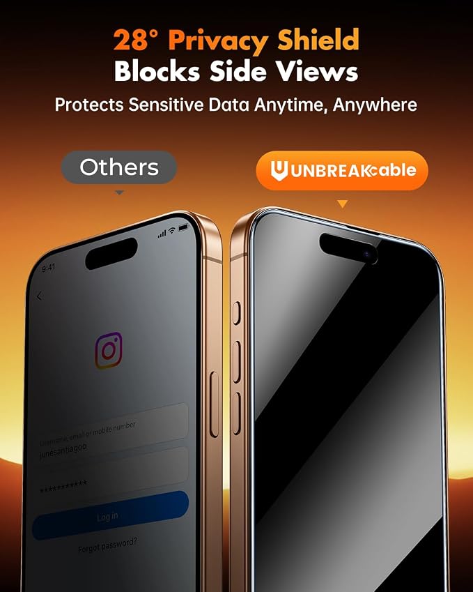 UNBREAKcable Privacy Screen Protector for iPhone 16 Pro Max 6.9 3 Pack Full Coverage Tempered Glass [28° Anti-Spy] [9H Hardness] [Easy Installation Box] Shatterproof Private Screen Guard | 28° Anti-