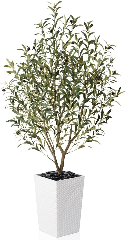 Artificial Olive Tree 5FT Indoor&Outdoor Faux Plant - UV Resistant Large Fake Tree with White Planter & Pebbles, Realistic Tall Potted Artificial Trees for Modern Home Decor Office Living Room VN132