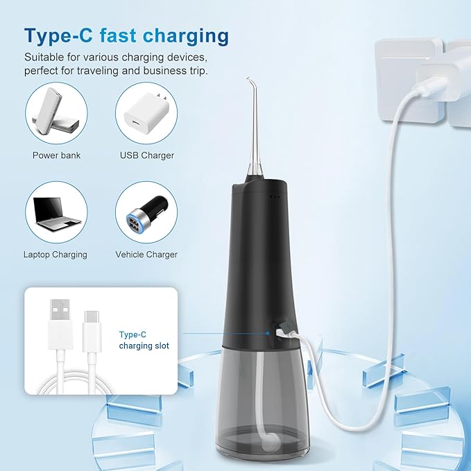 JNGOODS Cordless Water Dental Flosser Oral irrigator,JNGOODS 300ml Rechargeable Water flosser for Teeth IPX7 Waterproof 4 Modes Portable Oral Irrigator with 4 Jet Tips, Travel Home use (Black)