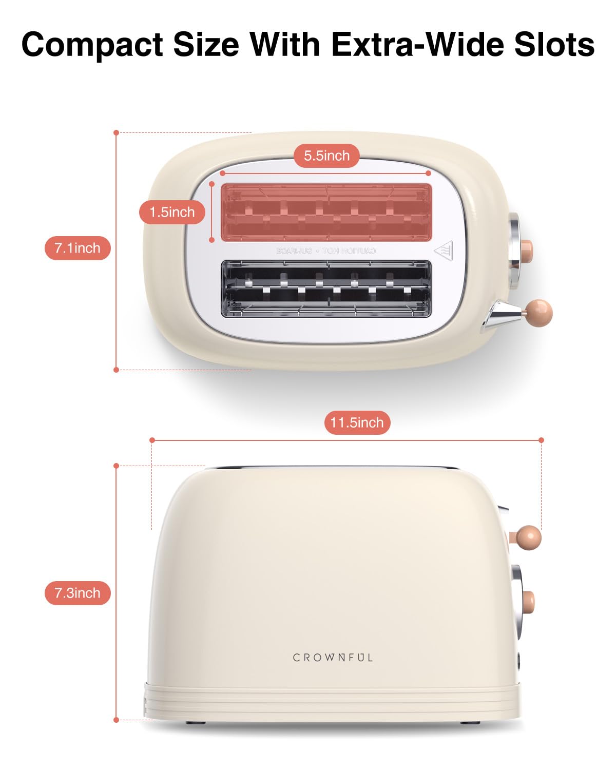 CROWNFUL 2-Slice Toaster, Extra Wide Slots Toaster, Retro Stainless Steel with Bagel, Cancel, Defrost, Reheat Function and 6-Shade Settings, Removal Crumb Tray, Cream