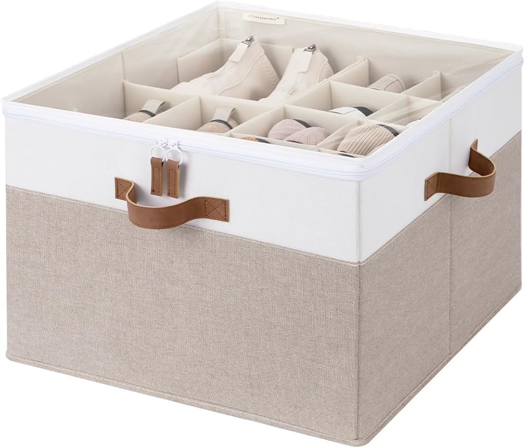 StorageWorks Shoe Organizer for Closet, Fits up to 16 Pairs, Shoe Cubby Storage Containers with Adjustable Dividers and Clear Cover, Brown & White