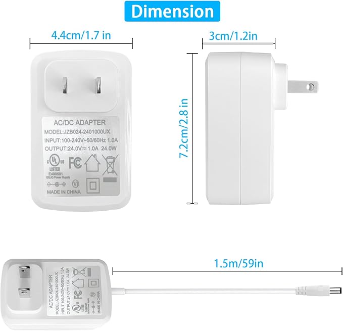24V Power Supply Withe AC 100-240V to DC 24 Volt 1A 24W Adapter. | DC 24V Power Cord Class 2 with 5 Tips for LED Light Strip String Lights Soundbar Massage Gun and More.