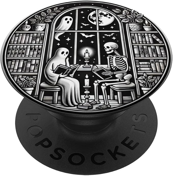 Retro Spooky Bookish Halloween Skeleton Ghost Bookworm Gifts PopSockets PopGrip for MagSafe