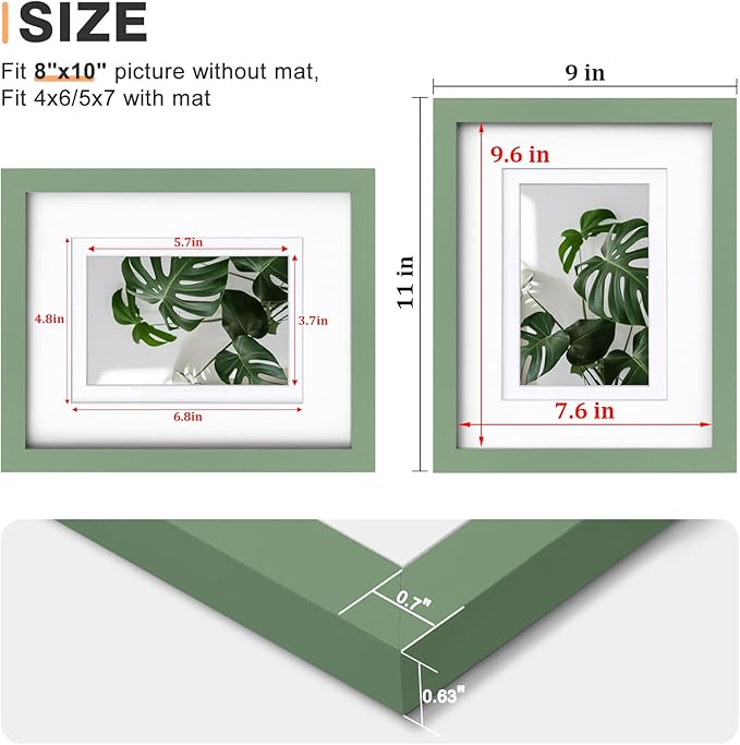 Egofine 8x10 Picture Frame Made of Solid Wood Covered by Plexiglass, Display Pictures 4x6/5x7 with Mat or 8x10 Without Mat for Table Top Display and Wall Mounting Photo Frame, Green