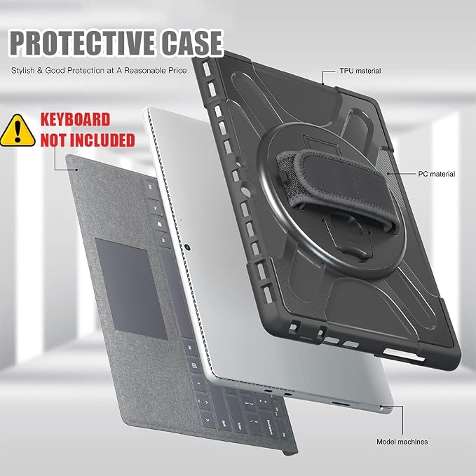 ZenRich Rugged Case for Microsoft Surface Pro 12 (2025)12 inch | Shockproof Hard Protective Case with 360 Rotating KickstandPen Holder and Hand Strap Compatible with Type Cover Keyboard