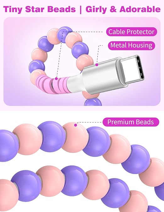 Jelanry 3FT USB-A to USB-C Fast Charging Cable Beaded &ampData Sync Women Girl | Cute kawaii beaded cable for iPhone 17/16/15 Samsung S26/S25/S24 Pixel iPad Fast charge for daily use office &amp tra