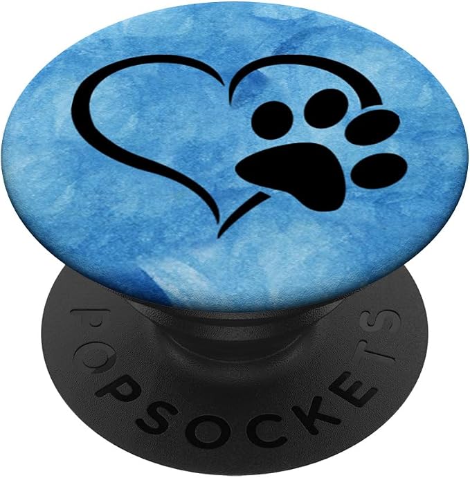 Black color Dog Paw Print Heart On Blue Ocean Watercolor PopSockets Adhesive PopGrip