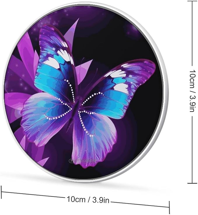 Blue Purple Butterfly Wireless Charger Aluminum Alloy Frame 10W Fast Charging Pad with Indicator Light 6mm Thin &amp Portable Wireless Charging Pad for Travel Home Office Desk