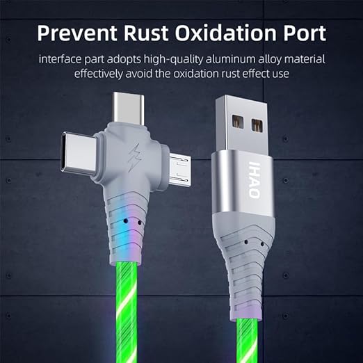 IHAO Multi Ports Light-Up USB Cable USBA to USBC/MicroUSB Cable Durable Fast Charging Cable with Visible Current Flow As Night Light Use-3in1 Blue
