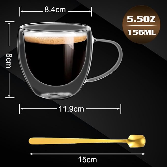 Clear Glass Coffee Cups with Spoons in a Luxurious Gift Box Set of 6 Pieces - 5.5oz in Sizes Double Wall Insulated Reusable Cups for Home Cafe Restaurant - Best Gift for Coffee Lovers