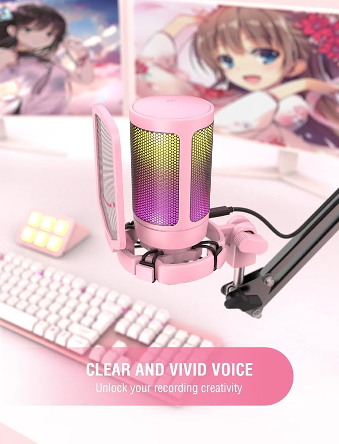 FIFINE USB Gaming PC Microphone for Streaming Podcasts, AmpliGame RGB Computer Condenser Desktop Mic, Cardioid Pattern for YouTube Video, Plug and Play on PS4 PS5, with Quick Mute, Mic Gain-A6V Pink