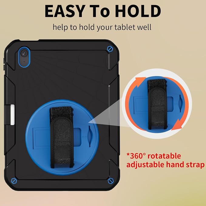for iPad (A16) 11th/10th Generation Case 2025/2022 (11″/10.9″) Sturdy Heavy Duty Full-Body Shockproof Protective Case Rotating Stand Hand/Shoulder Strap (Black)