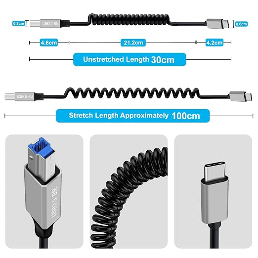 Coiled USB A to B Printer Cable Coiled USB 3.0 Printer Cable Super Speed 5Gbps for Scanner External Hard Drives Multifunction Printers (Type A 1 m)
