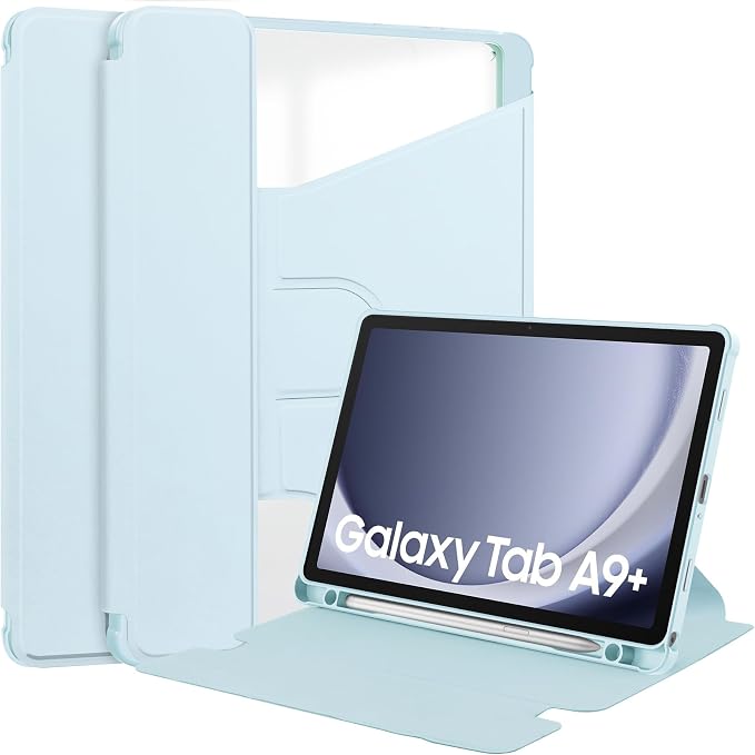 Tablet Case for Samsung Galaxy TAB A9+/A9 Plus with S Pen Holder 360° Swiveling Stand Shockproof Cover with Clear Transparent Back Shell Auto Wake/Sleep (Black Galaxy Tab A9 Plus)